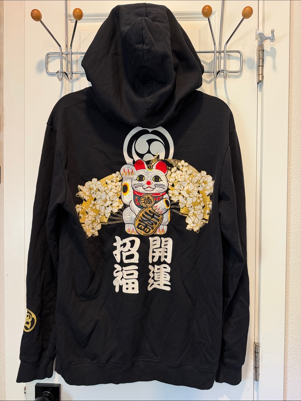 Black Hoodie with Embroidered Maneki Neko & Cherry Blossoms